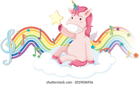 Unicorn sitting on the cloud with melody symbols on rainbow wave illustration