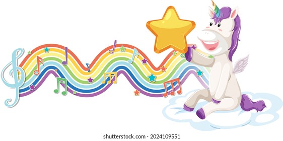 Unicorn sitting on the cloud with melody symbols on rainbow wave illustration