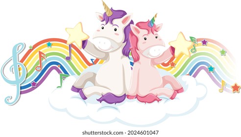 Unicorn sitting on the cloud with melody symbols on rainbow wave illustration