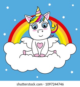 unicorn sitting on a cloud with rainbow background