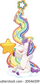 Unicorn sitting on the cloud with rainbow on white background illustration