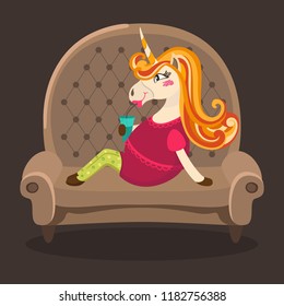 The unicorn is sitting on the couch. Fall old poster