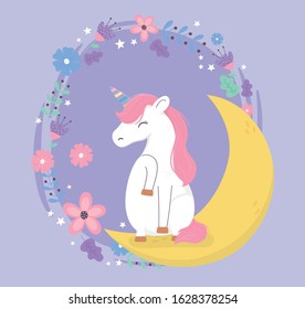 unicorn sitting on moon with flowers fantasy magic cute cartoon vector illustration