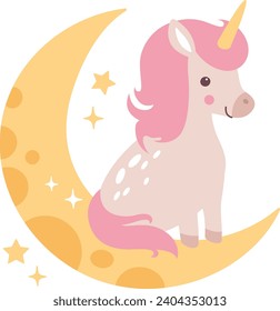 Unicorn Sitting On Moon Vector Illustration
