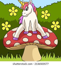 Unicorn Sitting On A Mushroom Colored Cartoon 