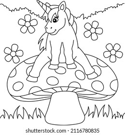  Unicorn Sitting On A Mushroom Coloring Page