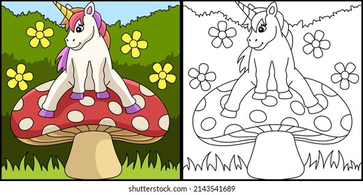 Unicorn Sitting On A Mushroom Coloring Page 