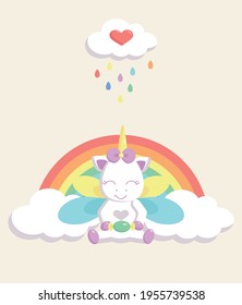 Einhorn sitzend auf einem Regenbogen mit Süßigkeiten in den Händen, Wolke mit farbigen Regentropfen, helle, bunte Karte zum Geburtstag von Kindern, stylisierte Vektorgrafiken