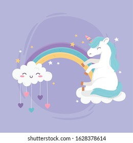 Unicornio sentado en la nube del arco iris con los corazones Fantasía mágica Sueño lindo Ilustración vectorial de dibujos animados