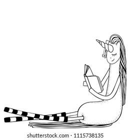 unicorn  is sitting and reading. Coloring book page. Black and white sketch.