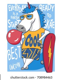 Unicorn skateboarder. Vector illustration. Design for t-shirts.