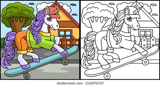 Unicorn Skating Coloring Page Colored Illustration