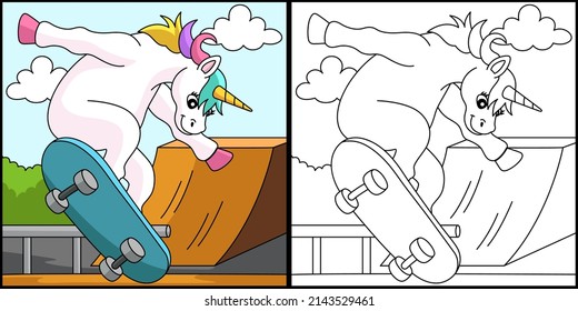 Unicorn Skating on a Skateboard Coloring Page