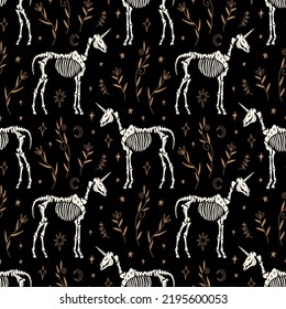 Unicorn skeleton dark boho gothic animal gloomy vector and jpg printable boho seamless pattern, unique repeat clipart illustration image, editable isolated details. Perfect for clothes design