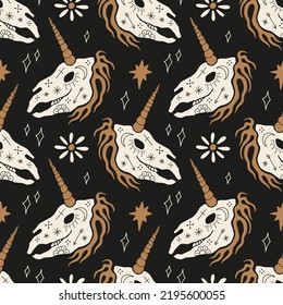 Unicorn skeleton dark boho gothic animal gloomy vector and jpg printable boho seamless pattern, unique repeat clipart illustration image, editable isolated details. Perfect for clothes design