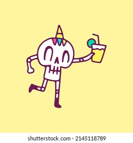 Unicorn skull holding lemon juice, illustration for t-shirt, sticker, or apparel merchandise. With doodle, retro, and cartoon style.