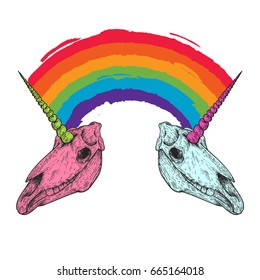 Unicorn skull with rainbow in retro vintage style. Design template for tattoo, print, cover. Vector illustration.