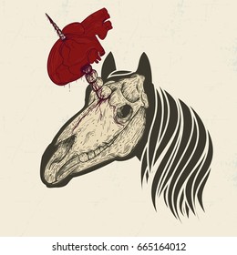 Unicorn skull with red human heart in retro vintage style. Design template for tattoo, print, cover. Vector illustration.