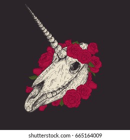 Unicorn skull with red roses in retro vintage style. Design template for tattoo, print, cover. Vector illustration.