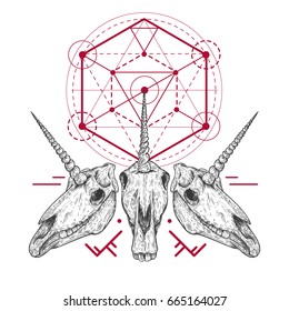 Unicorn skull with tribal geometric form in retro vintage style. Design template for tattoo, print, cover. Vector illustration.