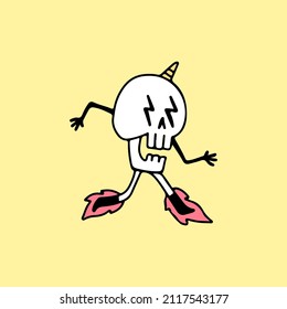 Unicorn skull walking on fire, illustration for t-shirt, poster, sticker, or apparel merchandise. With cartoon style.