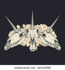 Unicorn skull with white roses in retro vintage style. Design template for tattoo, print, cover. Vector illustration.