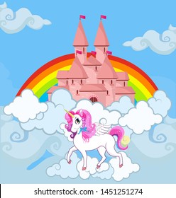 Unicorn at sky castle bright rainbow kawaii background, princess fairytale, pegasus white horse stand on clouds at beautiful heaven palace, fantasy character, game, book Cartoon vector illustration