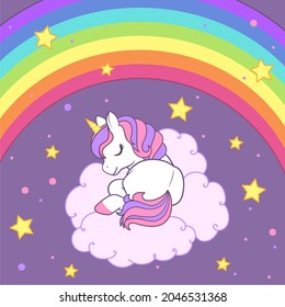 The unicorn sleeping on the cloud against the background of the starry sky and rainbow. Colorful vector illustration for cards, books, t-shirts