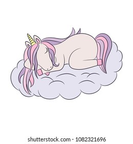 Unicorn sleeping on a cloud, cute lovely little pony horse, colorful cartoon character, black outline drawing. Vector illustration for girlish design, girl kids print, game, book, poster, card, etc. 