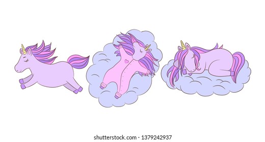 Unicorn sleeping on cloud. Cute doodle style. Cartoon baby character. Funny little pony. Hand drawn set. Magic collection. Children girlish print. For baby shower card, nursery poster, clothes print.