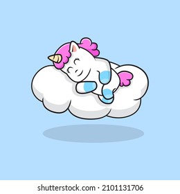 Unicorn sleeping on cloud cute cartoon illustration vector suitable for children books, stickers, banners, t-shirt, and other graphic product