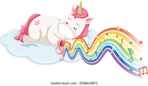 Unicorn sleeping on the cloud with melody symbols on rainbow wave illustration