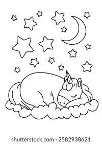 Unicorn is sleeping on a cloud. Night sky with stars and moon. Black and white coloring.