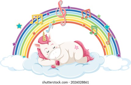 Unicorn sleeping on cloud with rainbow and melody symbol illustration