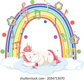 Unicornio durmiendo en la nube con el arco iris y la imagen del símbolo de la melodía