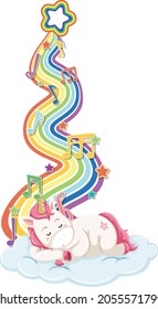 Unicorn sleeping on the cloud with rainbow on white background illustration
