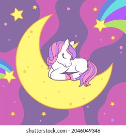 The unicorn sleeping on the moon against the background of the starry sky and clouds. Colorful vector illustration for cards, books, t-shirts