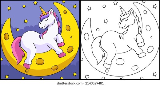Unicorn Sleeping On The Moon Coloring Page 