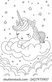 Unicorn Sleeping On Moon Is A Coloring Book Page For Children And Students
