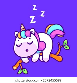 Unicorn sleeping on a tree branch with a minimalist purple background.