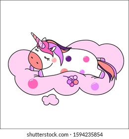 A unicorn is sleeping sweetly on a cloud. The illustration can be used for children's prints (for example, drawing on fabric, dishes or posters). Vector image