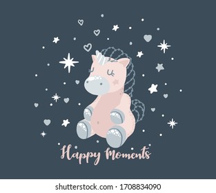Unicorn sleeps, happy moments of inscription in font, a cartoon character.