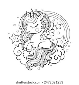 Unicornio duerme en una nube con un arco iris y estrellas. Ilustración lineal en blanco y negro. Para el diseño infantil de libros para colorear, estampados, carteles, tarjetas, pegatinas, etc. Vector