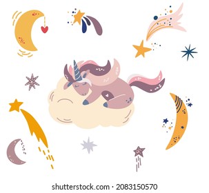 Unicorn sleeps on a cloud. Set of different months of stars and moon. Sweet Dreams. Animal fairy character. Perfect for invitations,children books, fashion,banner. Vector cartoon illustration