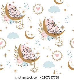 Unicorn sleeps on the moon, stars and flowers seamless pattern. Vector illustration in boho style