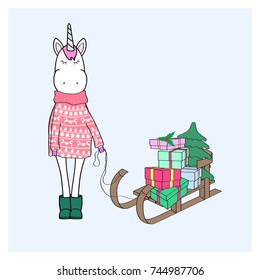 Unicorn with sleigh and gifts