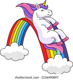 Unicorn Sliding Over The Rainbow Cartoon Clipart 