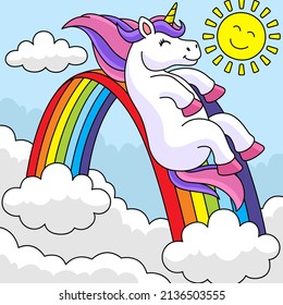 Unicorn Sliding Over The Rainbow Colored
