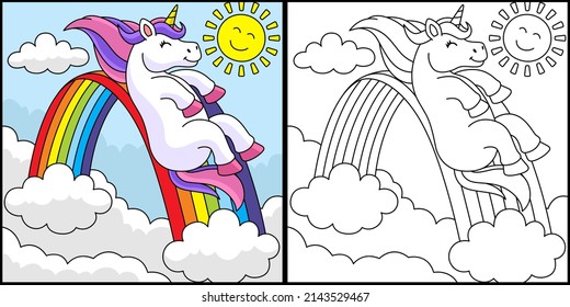 Unicorn Sliding Over The Rainbow Coloring Page