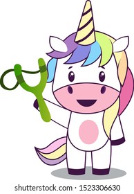 Unicorn with sling shot, illustration, vector on white background.